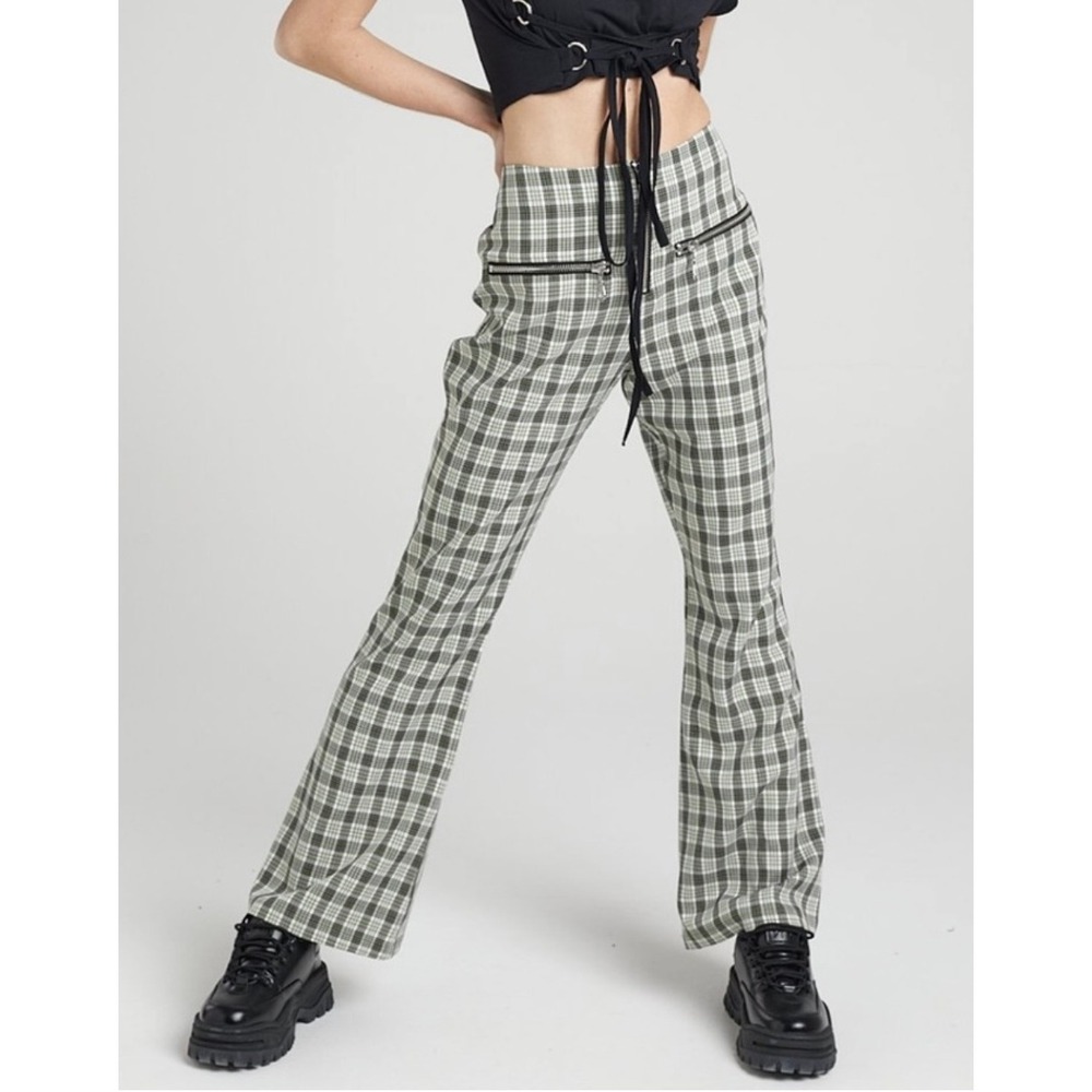The Ragged Priest Starter Flare Pants Green Gray Tartan Plaid High Rise S